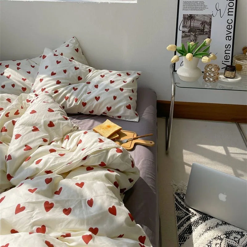 Avtoit | CozyLove | Twin, Full & Queen Duvet Cover Set – Soft Korean-Style Bedding with Heart Design