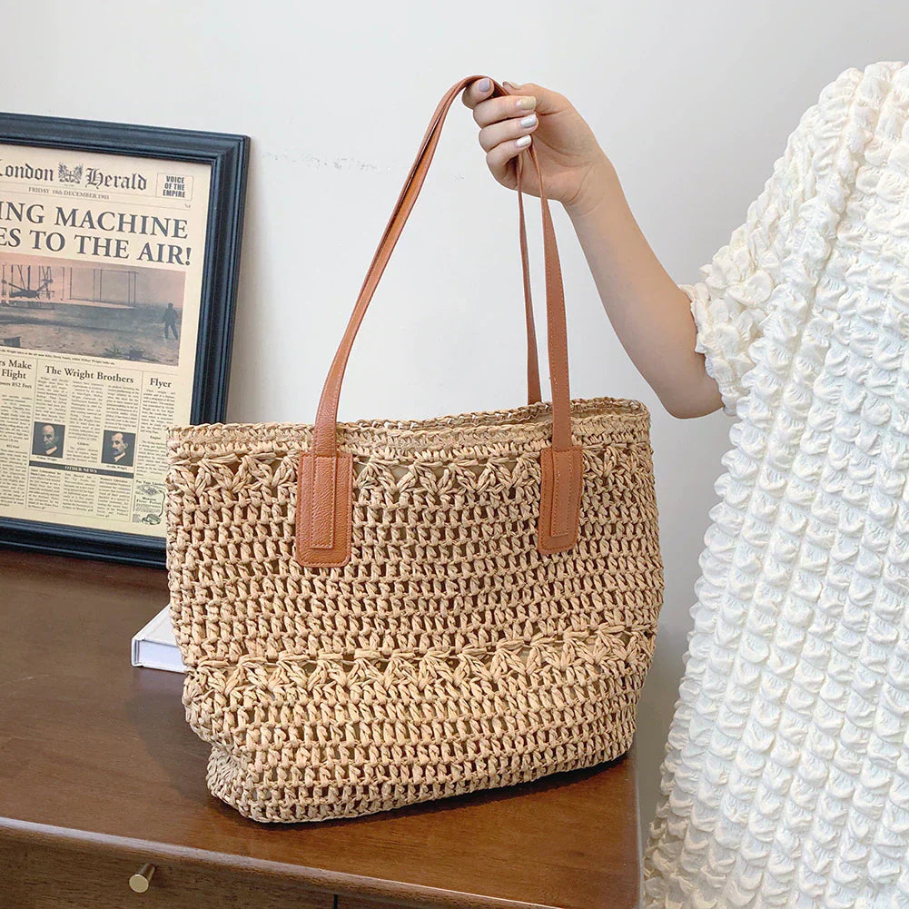 Avtoit | Genevieve | Chic Straw Tote Bag with Genuine Leather Straps – Elegant Summer Handbag