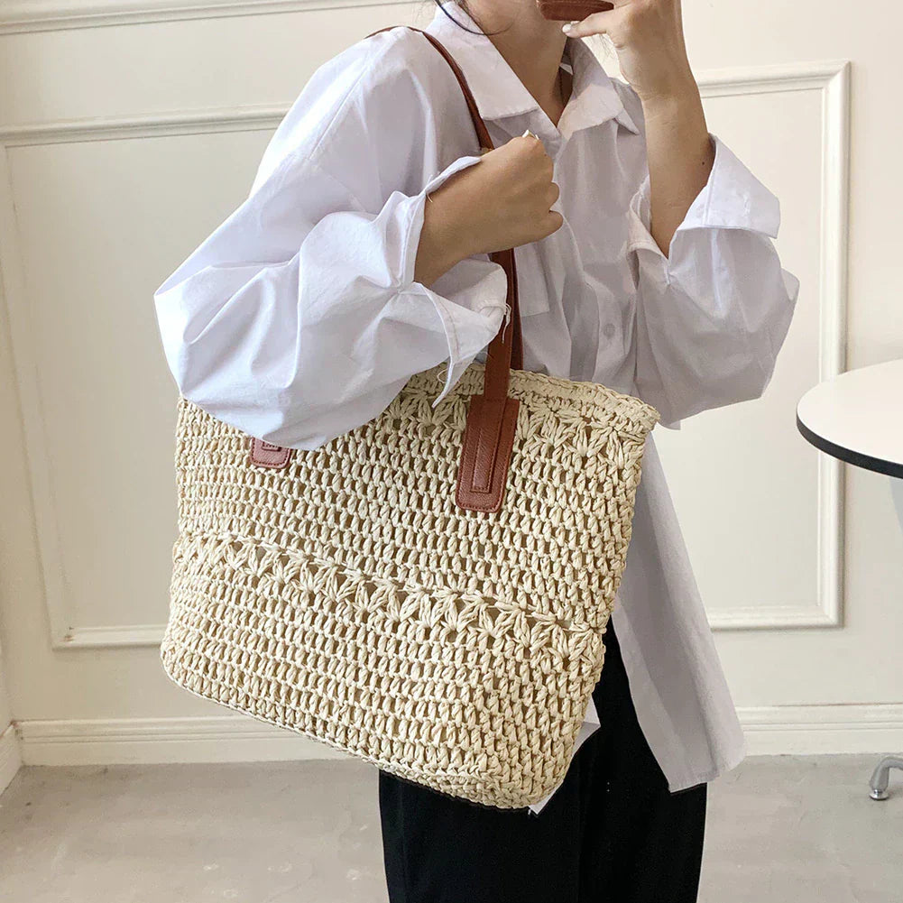Avtoit | Genevieve | Chic Straw Tote Bag with Genuine Leather Straps – Elegant Summer Handbag