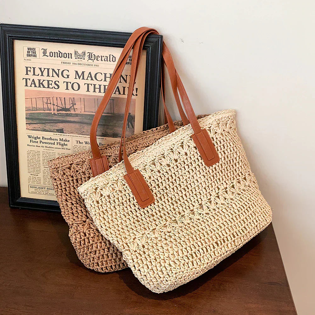 Avtoit | Genevieve | Chic Straw Tote Bag with Genuine Leather Straps – Elegant Summer Handbag