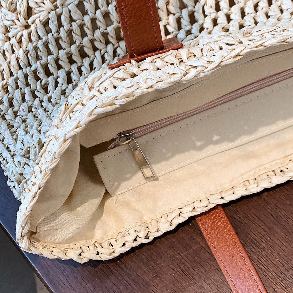 Avtoit | Genevieve | Chic Straw Tote Bag with Genuine Leather Straps – Elegant Summer Handbag