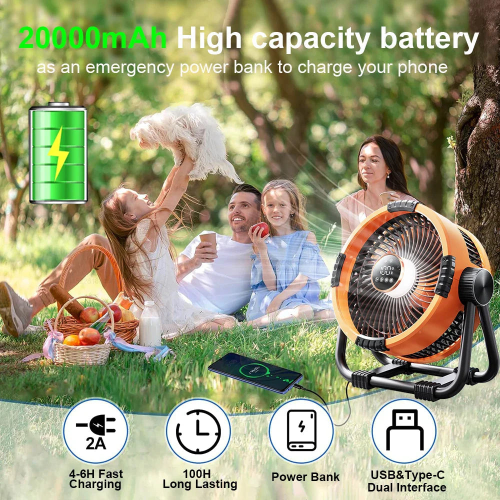 Avtoit | Camping Fan with 20000mAh Battery, LED Light & Remote Control – WindMate