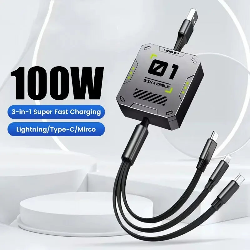 Avtoit | TriConnect charging cable | 3-in-1 & retractable | 100W fast charging | for iPhone & Android