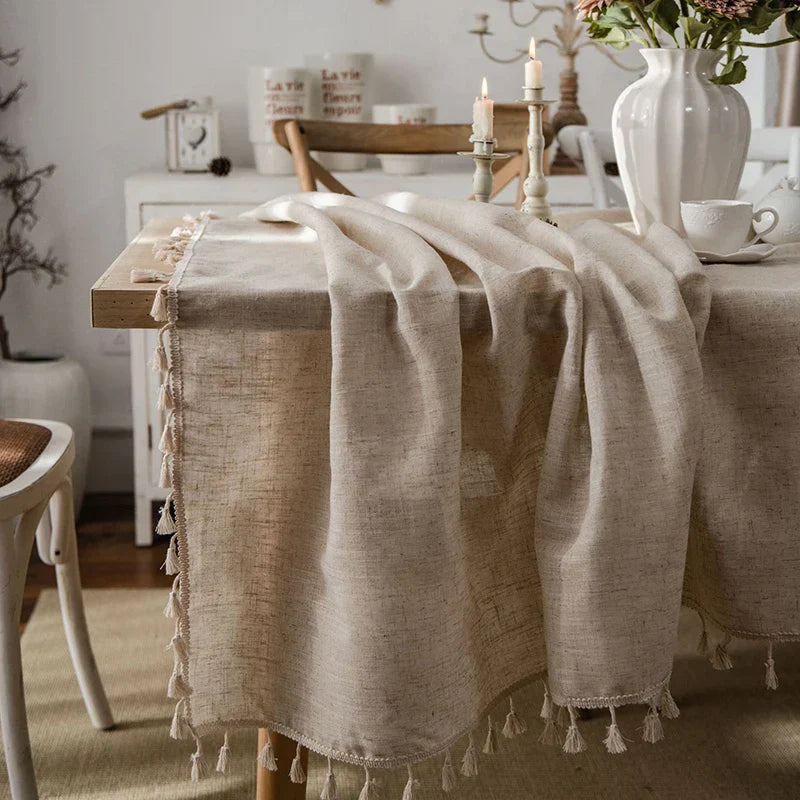 Avtoit | 2023 Cotton-Linen Tablecloth with Tassels, Rectangular Tablecloth for Dining Table, Coffee-Tea Tablecloths, Wedding Easter Decoration