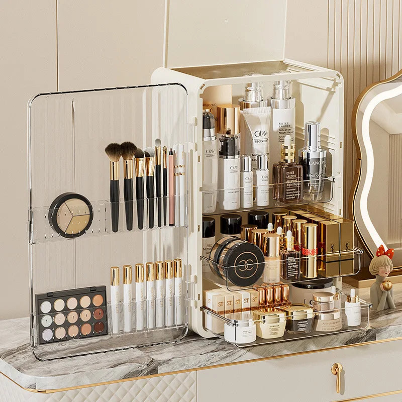Dust-Proof Cosmetic Storage Box with Magnetic Door for Makeup and Skincare