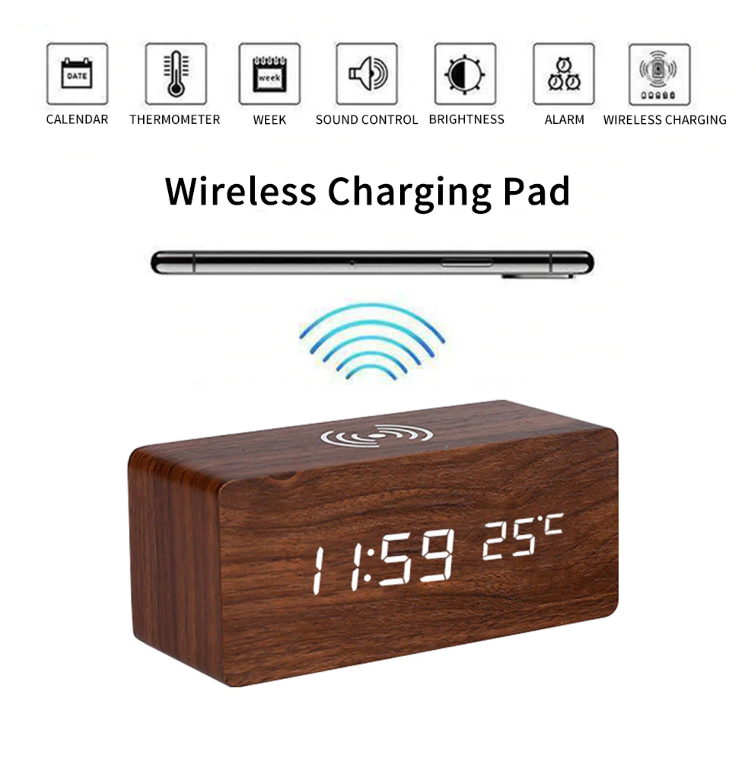 Avtoit | Modern Wooden Alarm Clock Digital LED Charging Pad Alarm Clock Wireless Charger Thermometer