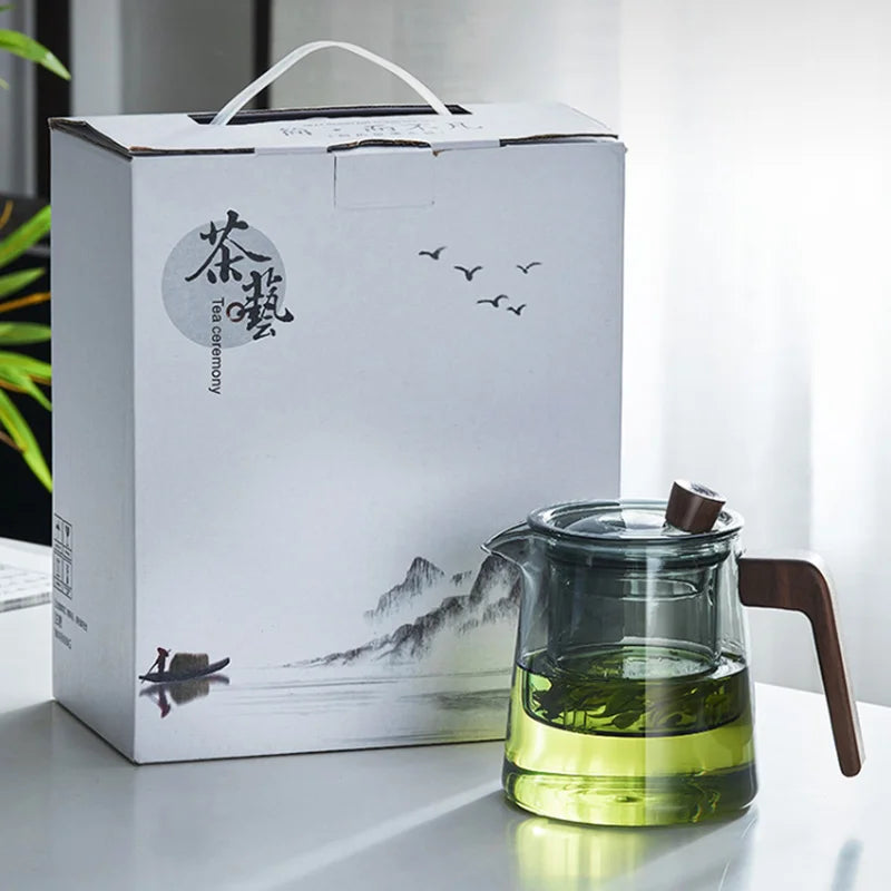 Avtoit | GIANXI Retro Glass Teapot Wood Handle Chinese Tea Ceremony Transparent Teawear Set Cup Filter High Boron Silicon Pot  530ML