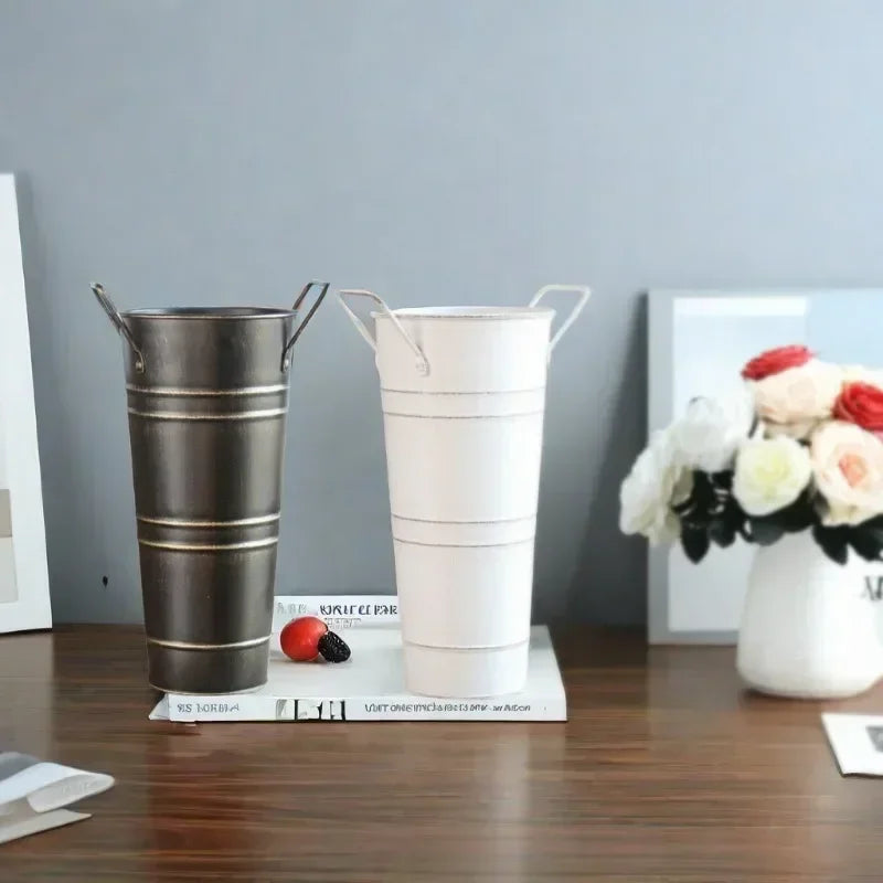 Avtoit | Retro Iron Flower Bucket with Handles – Decorative Metal Flower Pot for Home