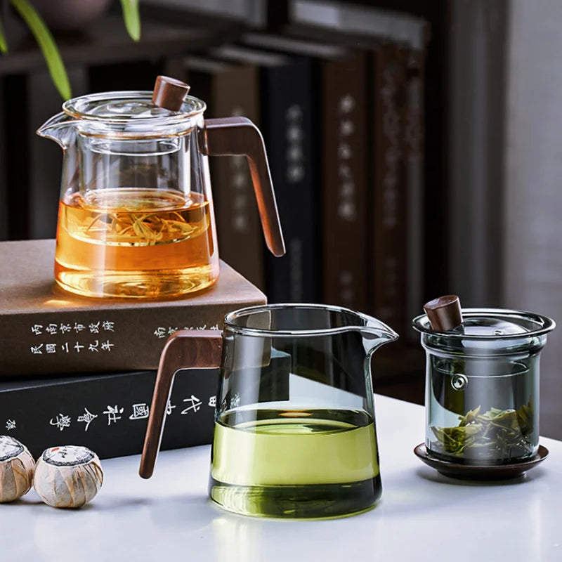 Avtoit | GIANXI Retro Glass Teapot Wood Handle Chinese Tea Ceremony Transparent Teawear Set Cup Filter High Boron Silicon Pot  530ML