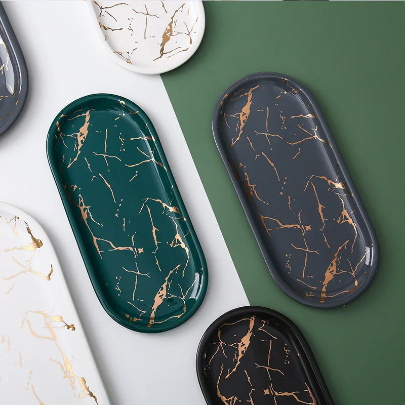 Avtoit | Nordic Ins Ceramic Marble Oval Tray Jewelry Storage Tray Accessories Soap Holder Golden Wave Bathroom Cup Bath Decoration