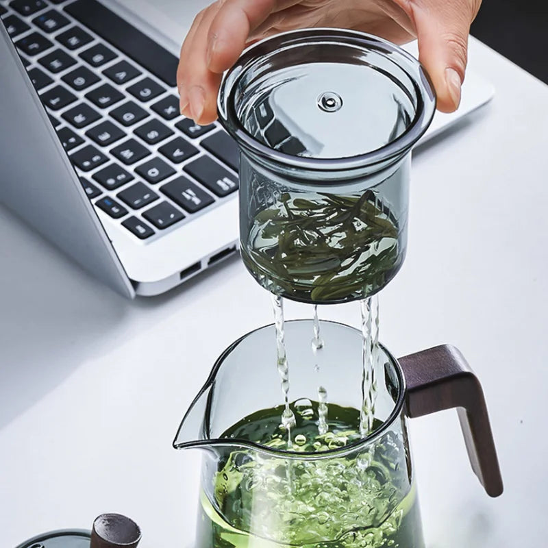 Avtoit | GIANXI Retro Glass Teapot Wood Handle Chinese Tea Ceremony Transparent Teawear Set Cup Filter High Boron Silicon Pot  530ML
