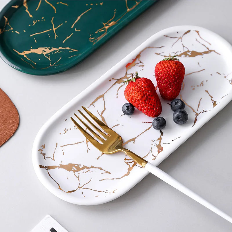 Avtoit | Nordic Ins Ceramic Marble Oval Tray Jewelry Storage Tray Accessories Soap Holder Golden Wave Bathroom Cup Bath Decoration
