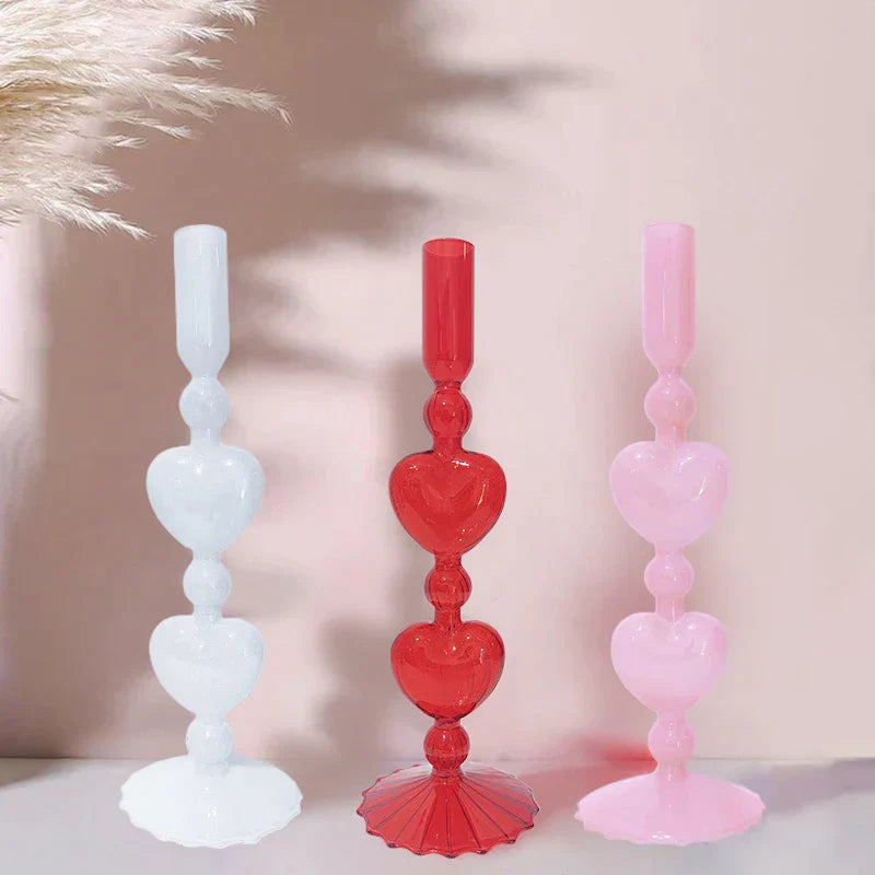 Avtoit | Retro Taper Candle Holder Red Heart Shape Glass Candle Holder Wedding Table Decoration Home Party Glass Vase Decor