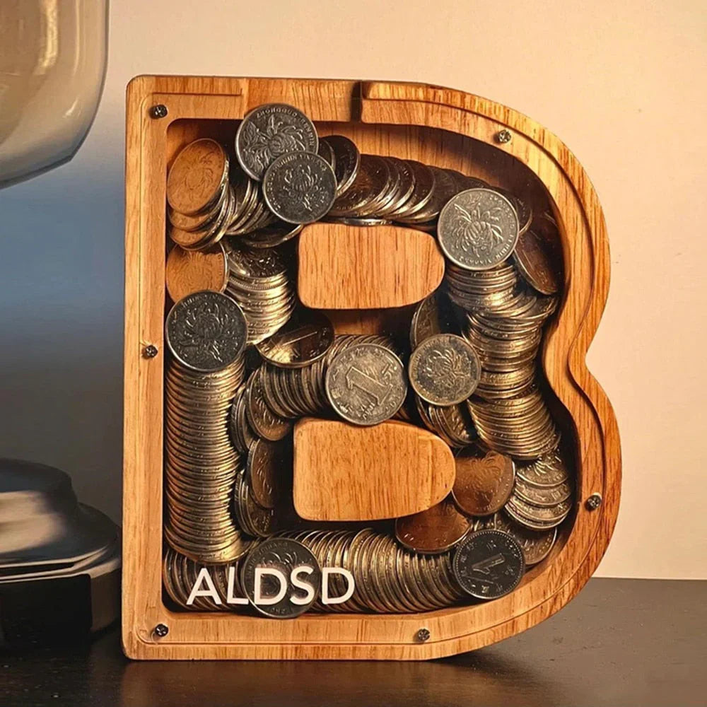 Avtoit | Wooden Alphabet Piggy Bank with Transparent Viewing Window for Stylish Saving
