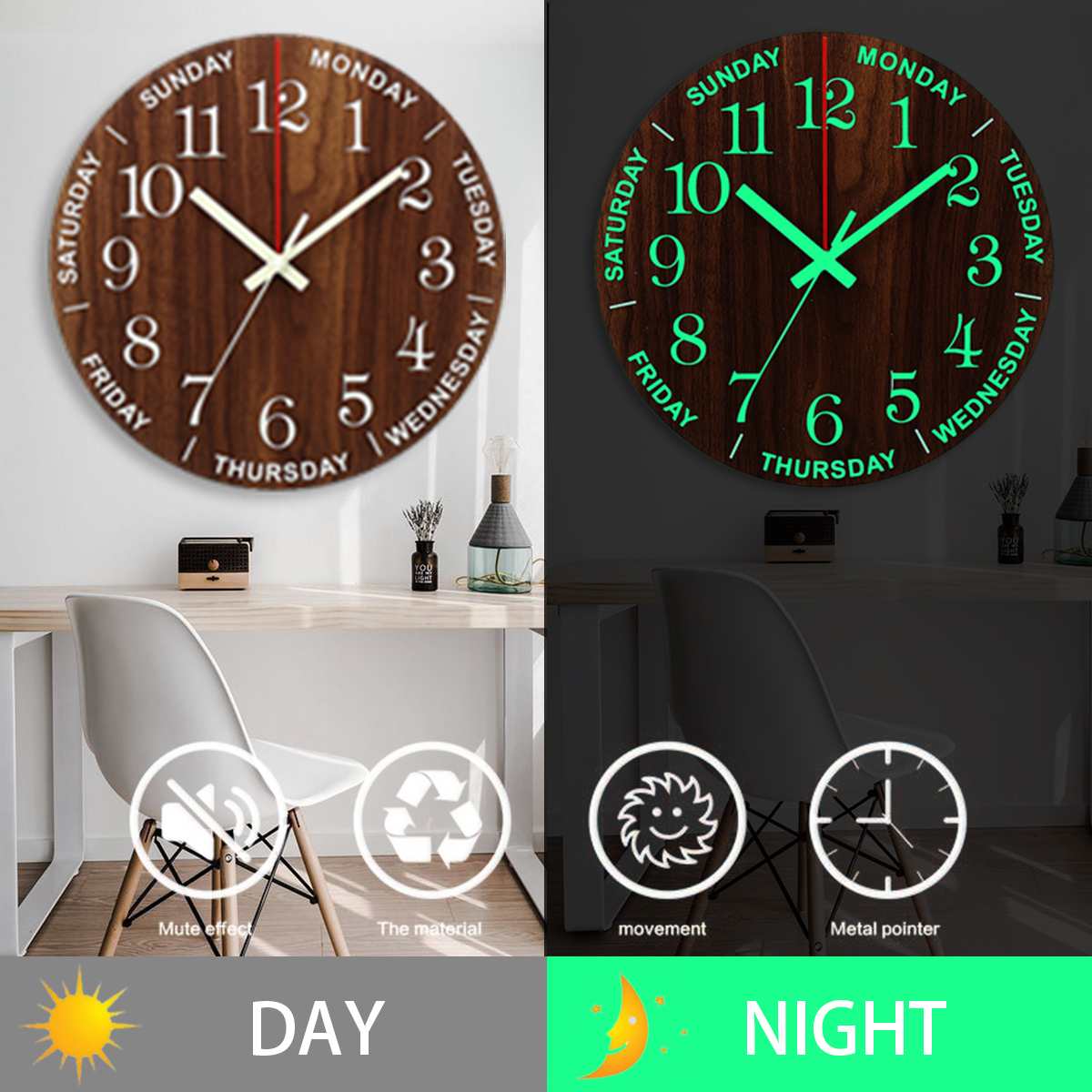 Avtoit | Nordic Luminous Wood Silent Wall Clock