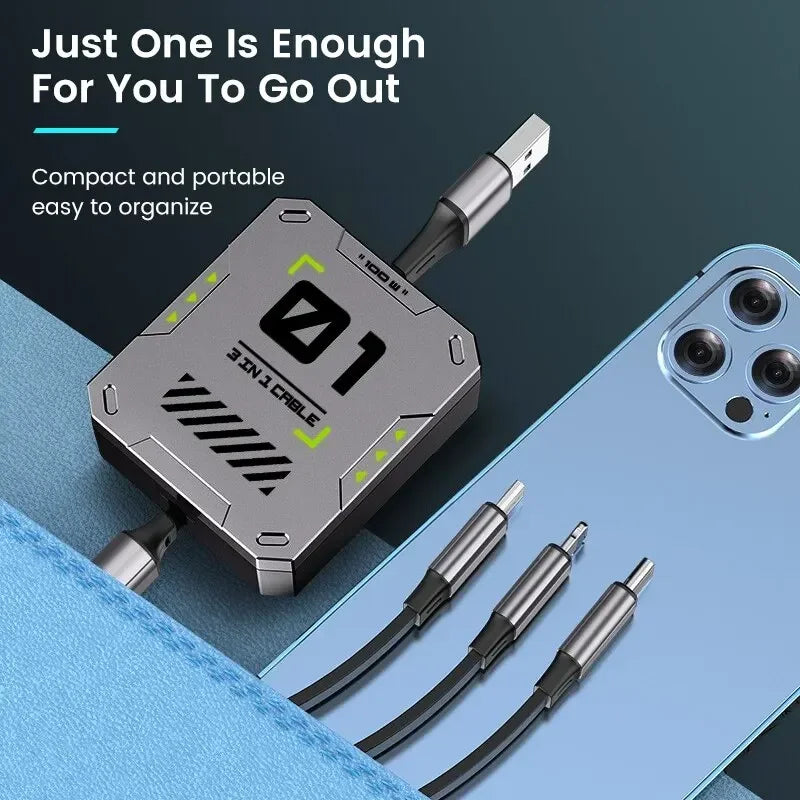 Avtoit | TriConnect charging cable | 3-in-1 & retractable | 100W fast charging | for iPhone & Android