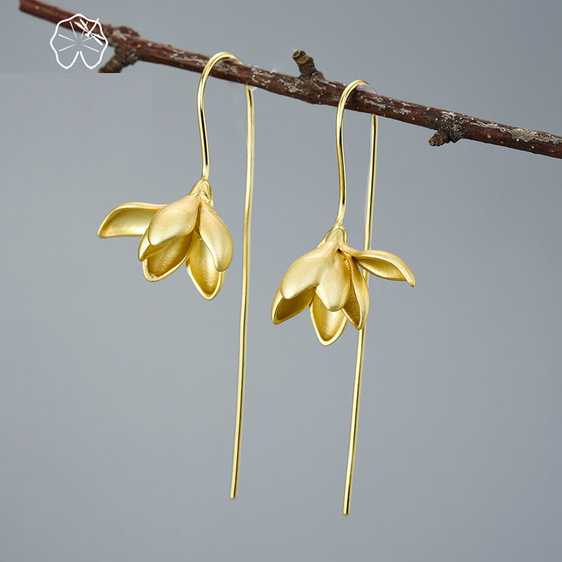 Avtoit | 18K Gold Elegant Magnolia Flower Dangle Earrings