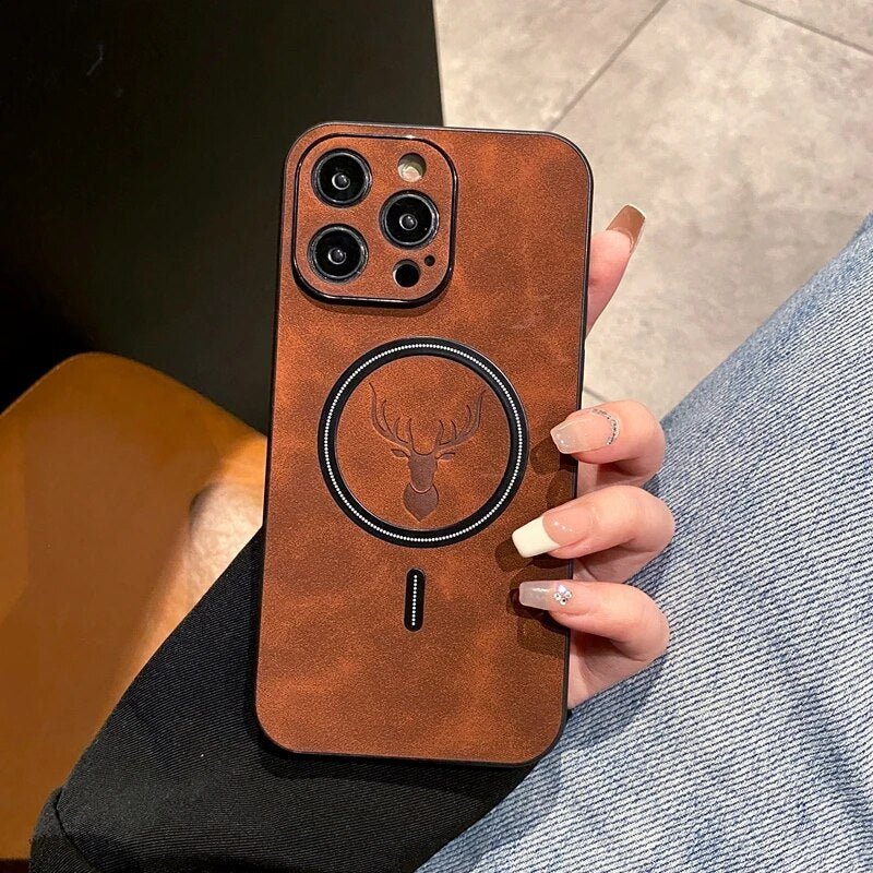 Avtoit | Luxury Deer Leather Apple iPhone Case | Magnetic Phone Case, Wireless Case, MagSafe, Wireless Charging, Protective Case, Cover for iPhone 15, 14, 13 Pro Max Plus