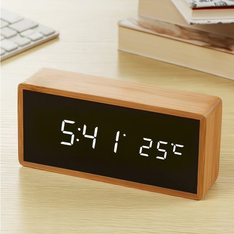 Avtoit | LED Bamboo Alarm Clock with Temperature Display & USB/Battery Operation