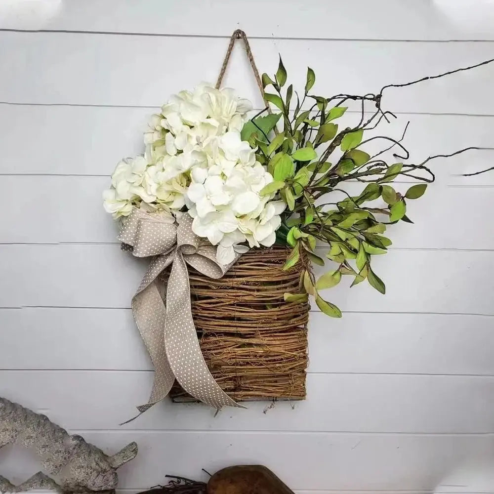 Avtoit | Door hanger with cream hydrangeas – rattan basket wreath with artificial flowers