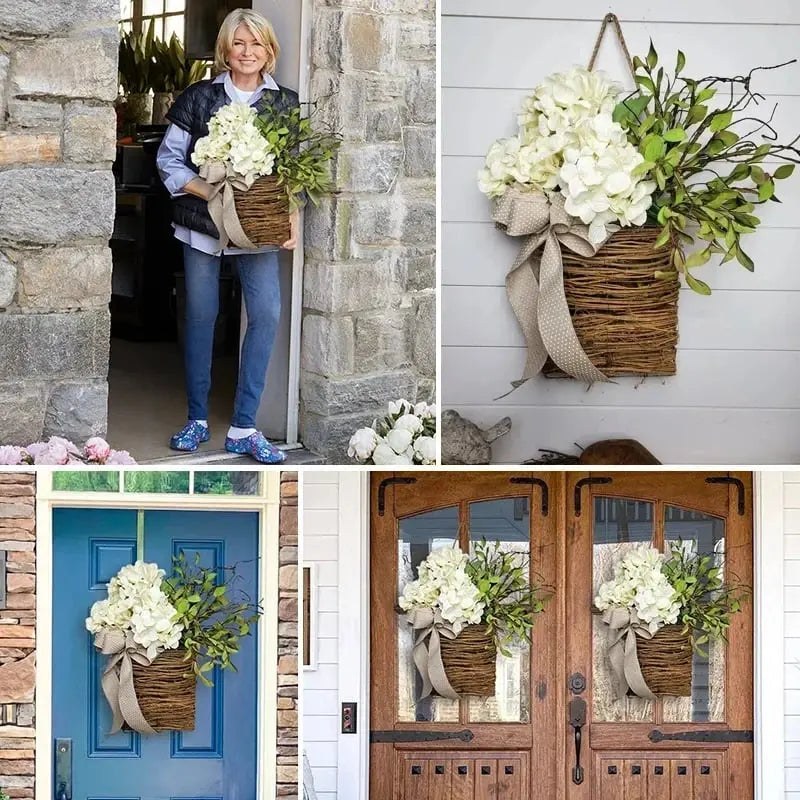 Avtoit | Door hanger with cream hydrangeas – rattan basket wreath with artificial flowers