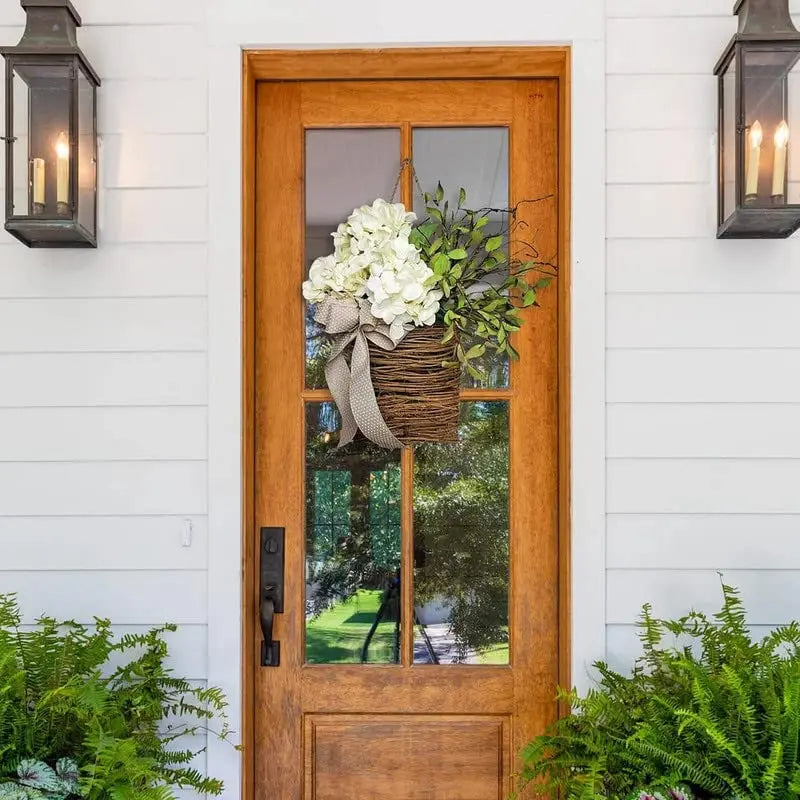 Avtoit | Door hanger with cream hydrangeas – rattan basket wreath with artificial flowers