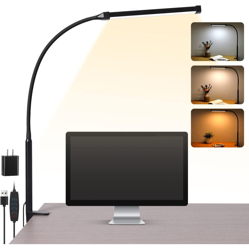 Avtoit | LED Desk Lamp with Lamp, eye-friendly Clip-On Lights for the Home Office, 3 Modes 10 Brightness Levels, long flexible Gooseneck, Metal, Swing Arm Architect Task Desk Lamps with USB Adapter, White