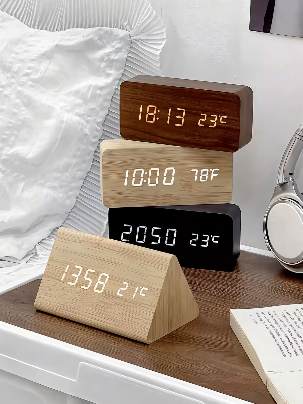 Avtoit | WakeyCue | Modern Wooden LED Digital Alarm Clock with Temperature & Humidity Display