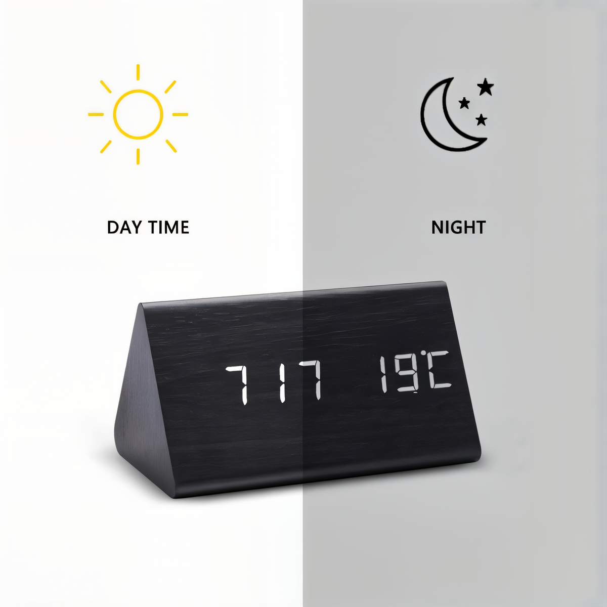 Avtoit | WakeyCue | Modern Wooden LED Digital Alarm Clock with Temperature & Humidity Display