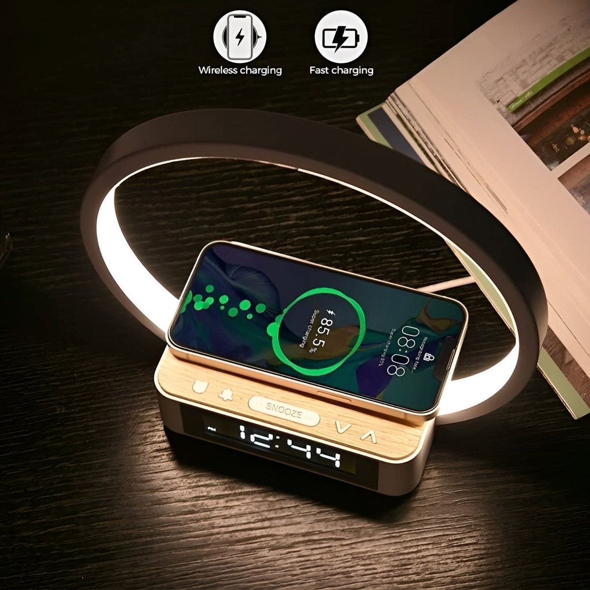Avtoit | GlowMax 3-in-1 LED Table Lamp – Wireless Charger, Alarm Clock & Touch Control