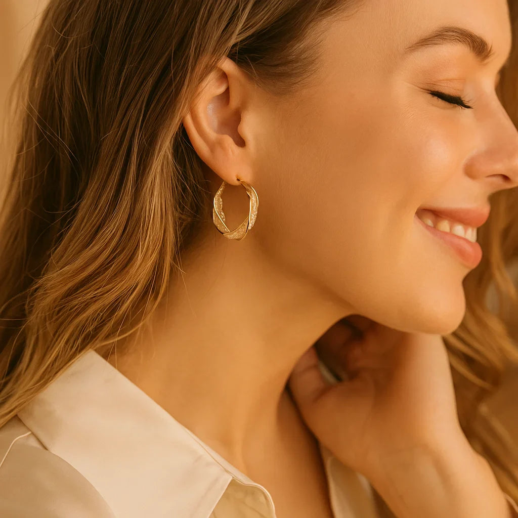 Avtoit | Elegant Gold Colored Twisted Hoop Earrings with Mesh Pattern