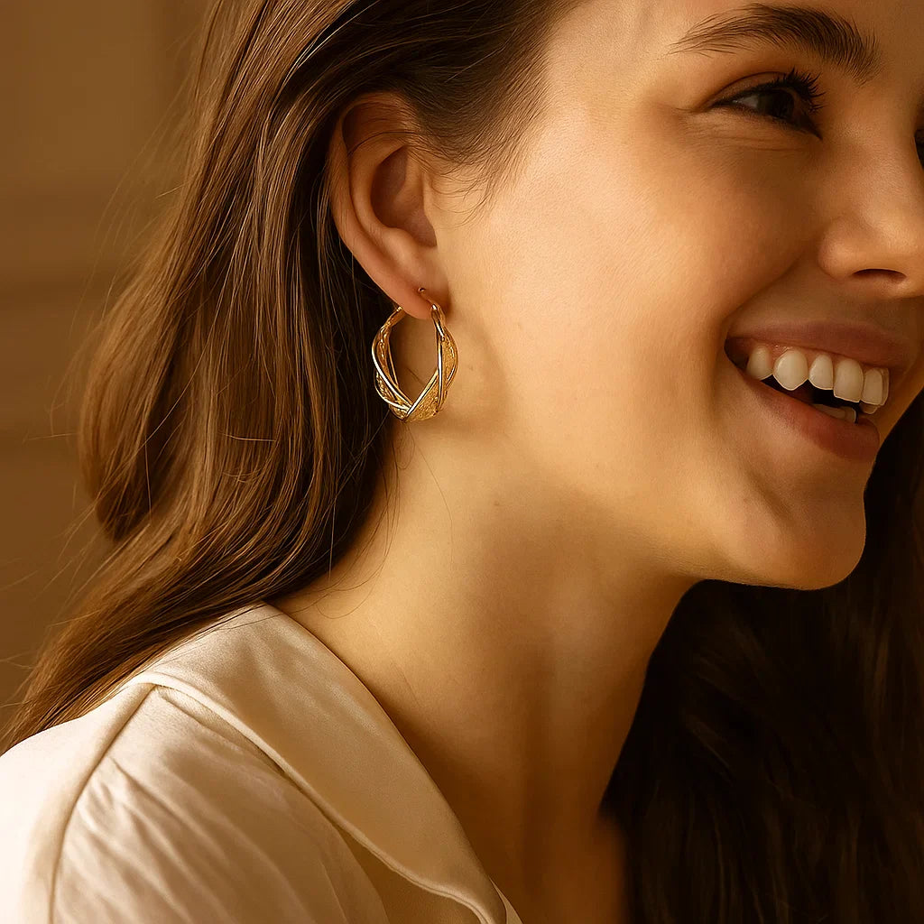 Avtoit | Elegant Gold Colored Twisted Hoop Earrings with Mesh Pattern