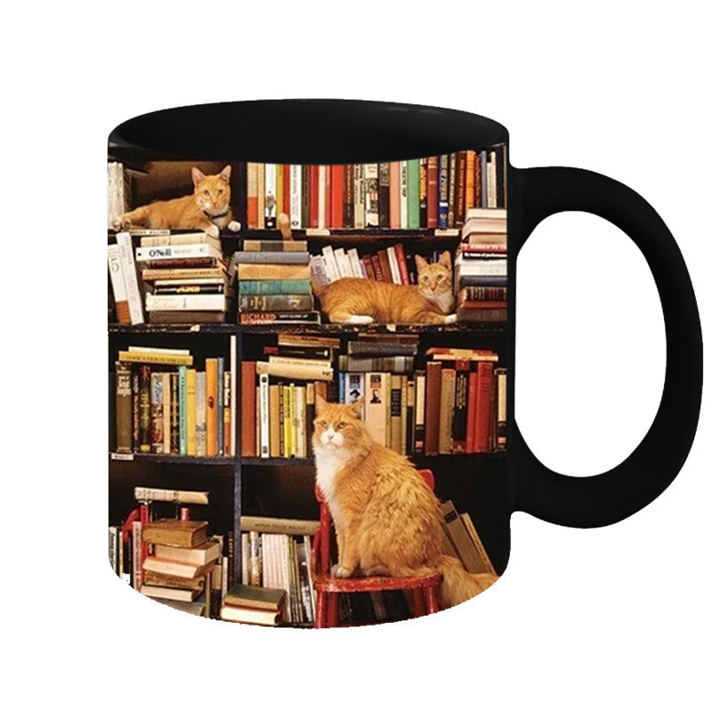 Ceramic Coffee Mug with Cat and Bookshelf Design