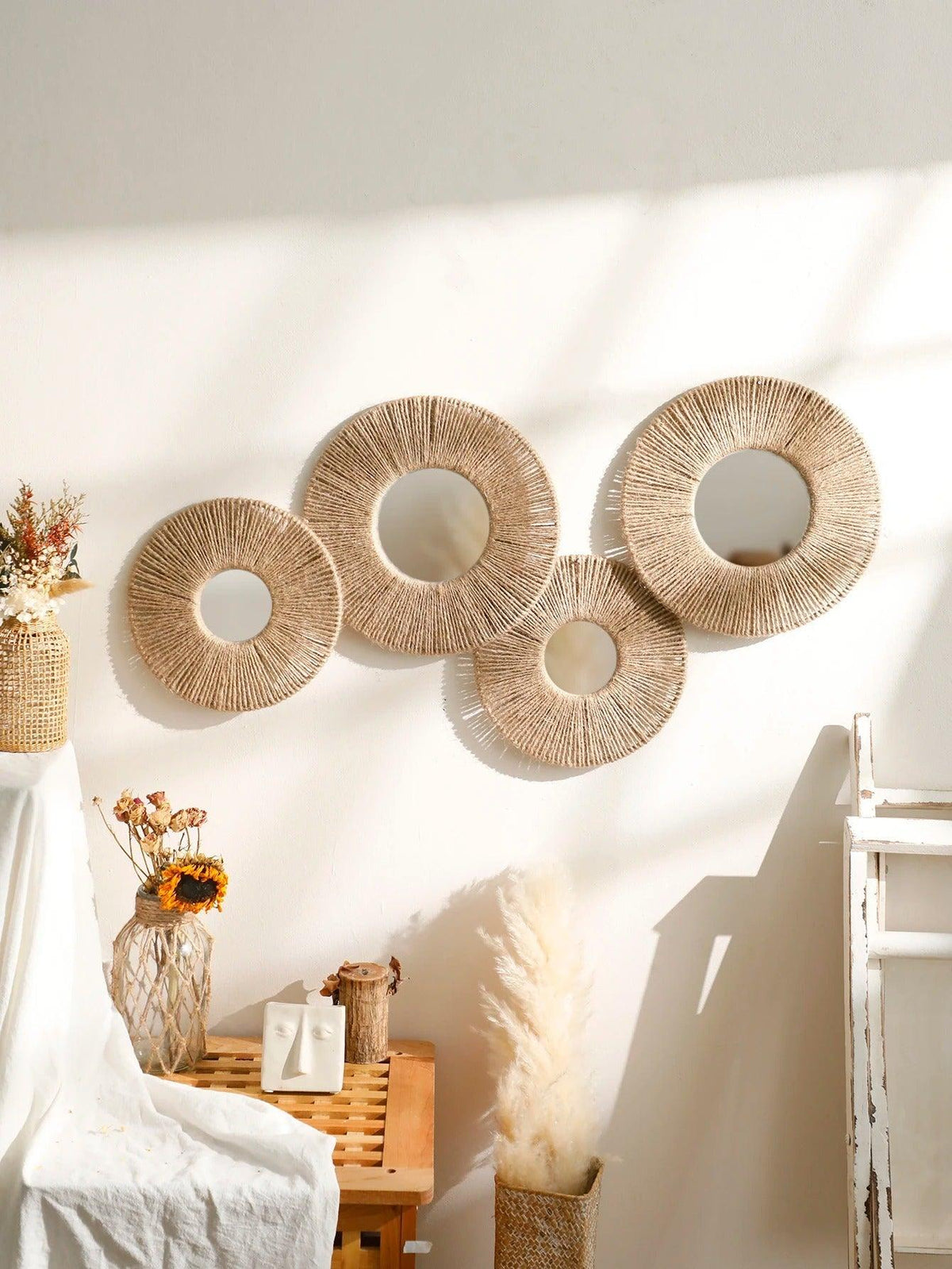 Avtoit | Round decorative wall mirror in boho style with woven hemp rope