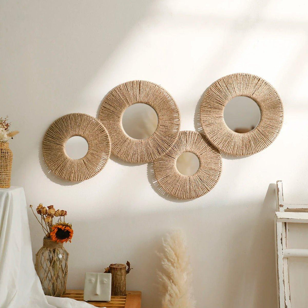Avtoit | Round decorative wall mirror in boho style with woven hemp rope