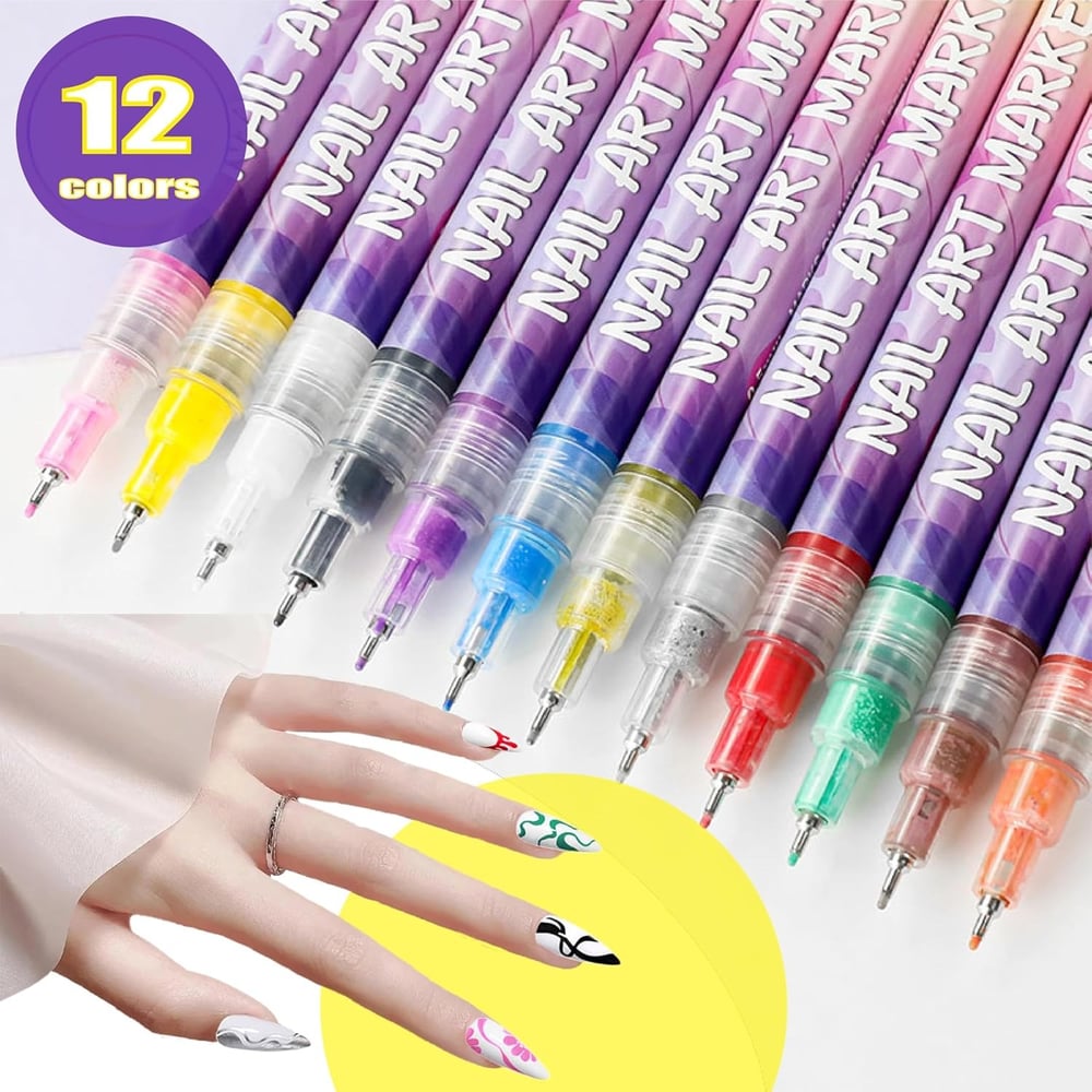 Avtoit | 12 Colors Nail Art Pens — Acrylic Nail Design Set with Fine Tip