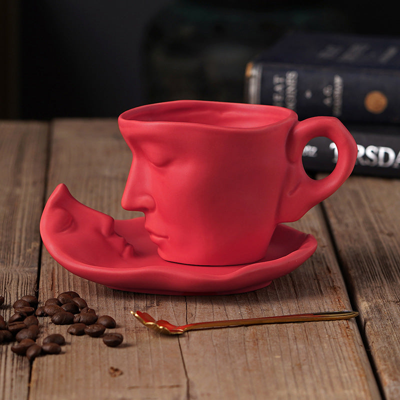Avtoit | Metal Touching Face Creative Ceramic Kiss Coffee Cup, Artistic Vibe Mug & Saucer Set