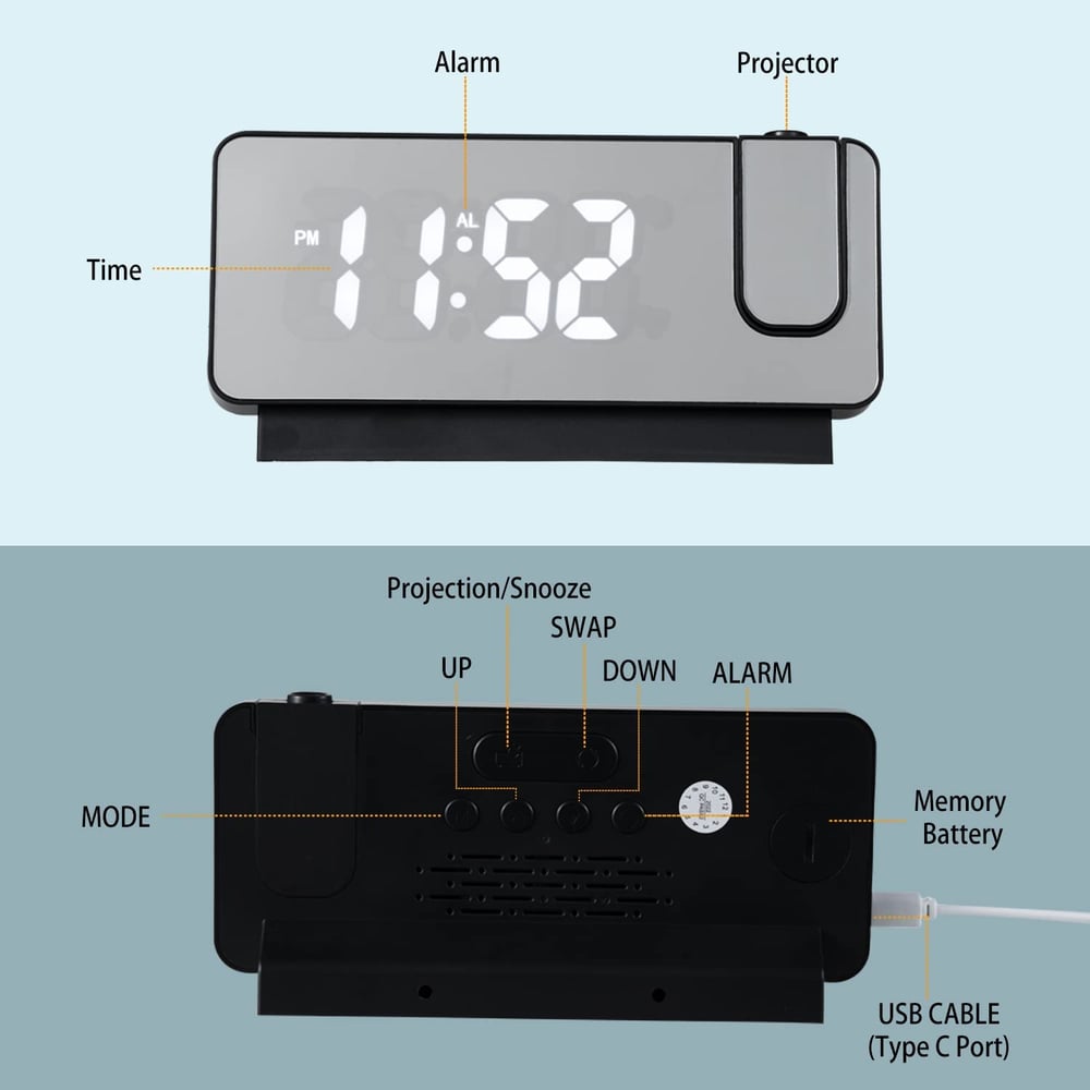 Digital Projection Alarm Clock with 180-Degree Adjustable Projection