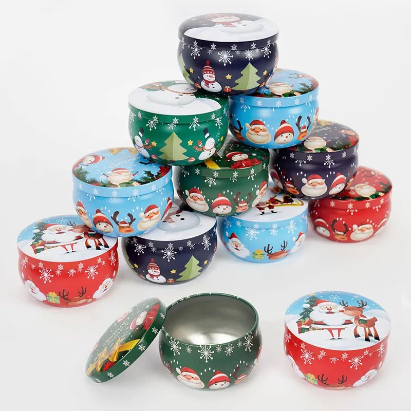Avtoit | Christmas Candle Round Tin Box Set of 12– Perfect for Candy, Party Decor, or DIY Handmade Candles – Metal Container with Lid (2.2oz)