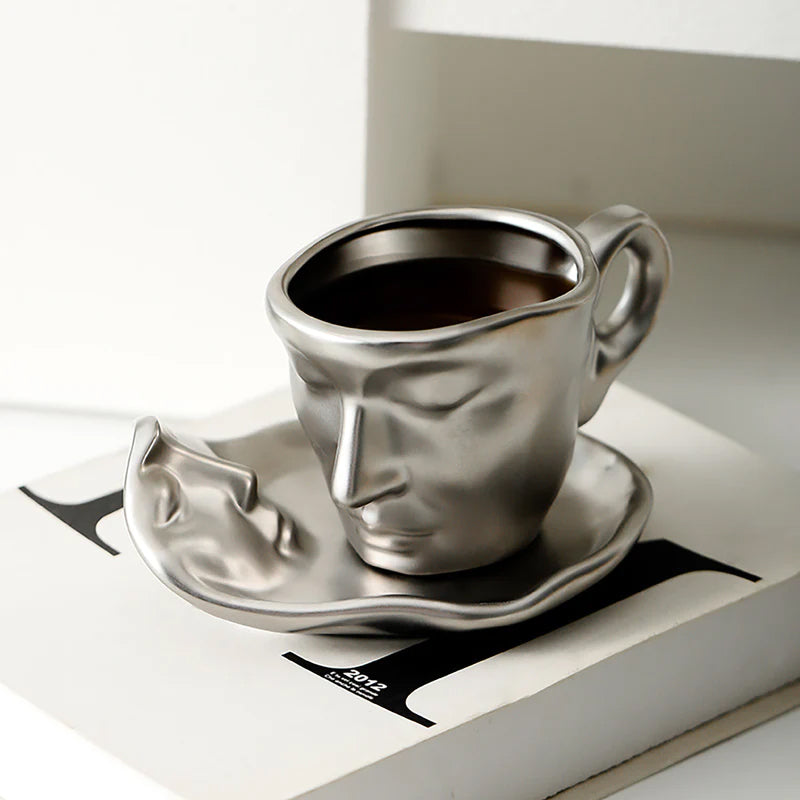 Avtoit | Metal Touching Face Creative Ceramic Kiss Coffee Cup, Artistic Vibe Mug & Saucer Set