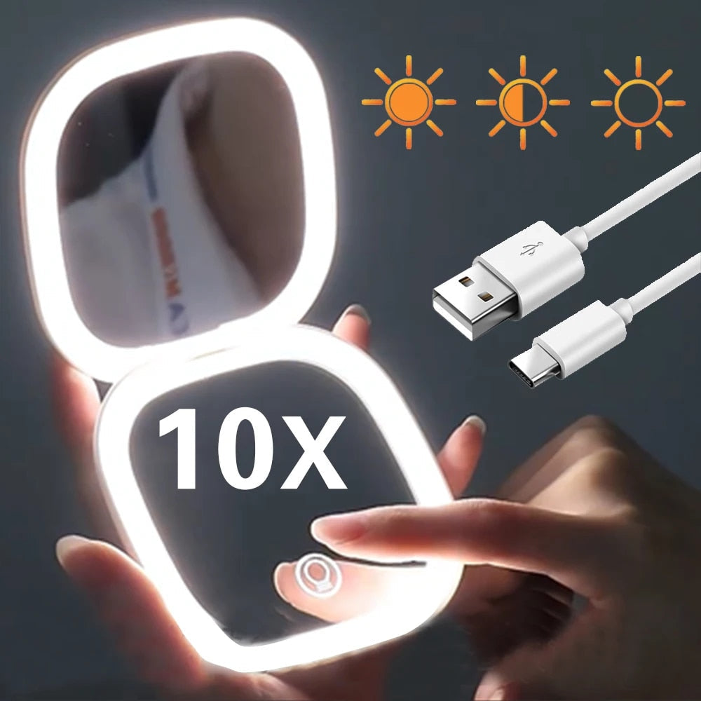 Avtoit | Mini LED 10x Magnification Cosmetic Mirror with Various Light Settings, USB Rechargeable