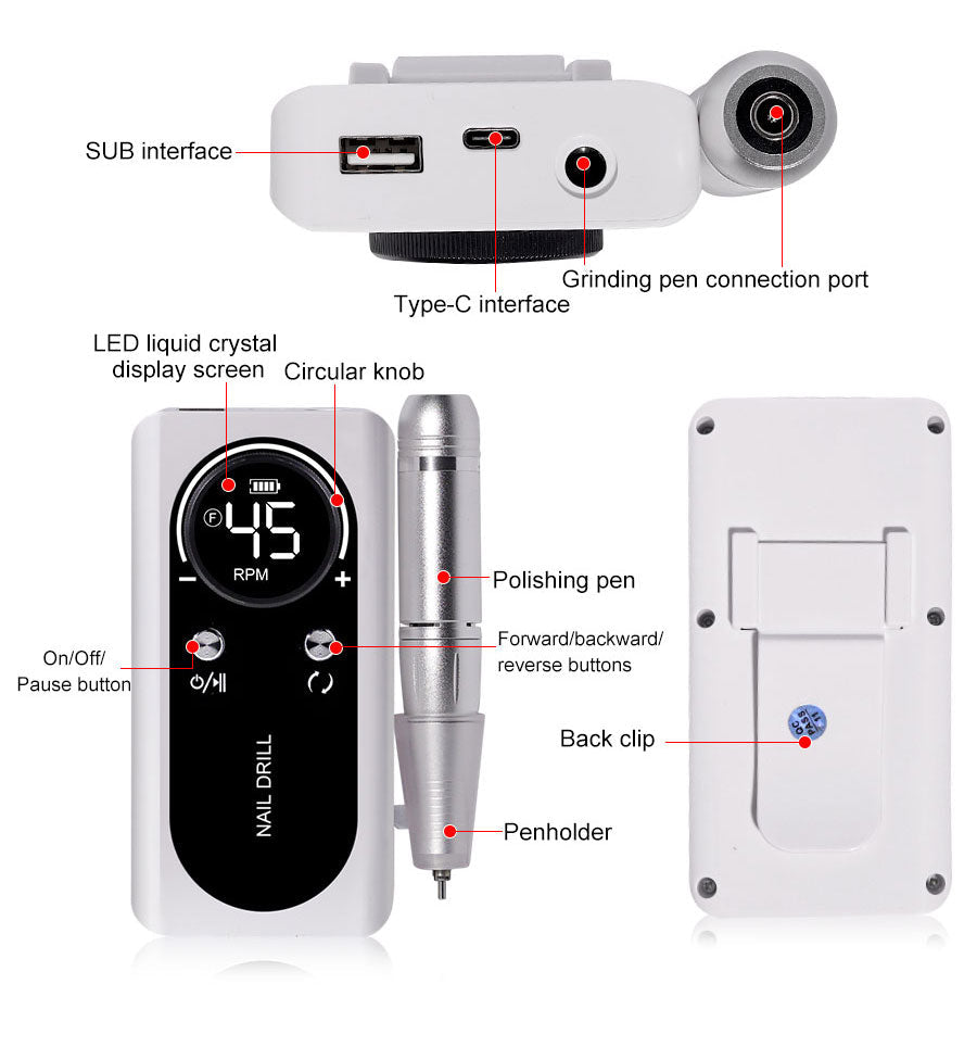 Avtoit | Professional 45000RPM portable electric nail file with rechargeable battery | Low noise level for manicure