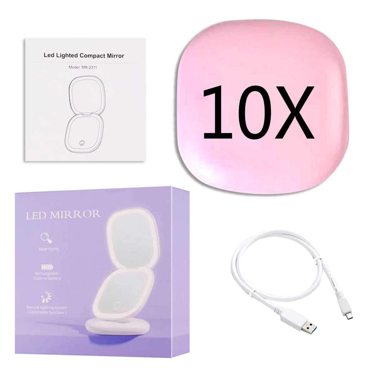 Avtoit | Mini LED 10x Magnification Cosmetic Mirror with Various Light Settings, USB Rechargeable
