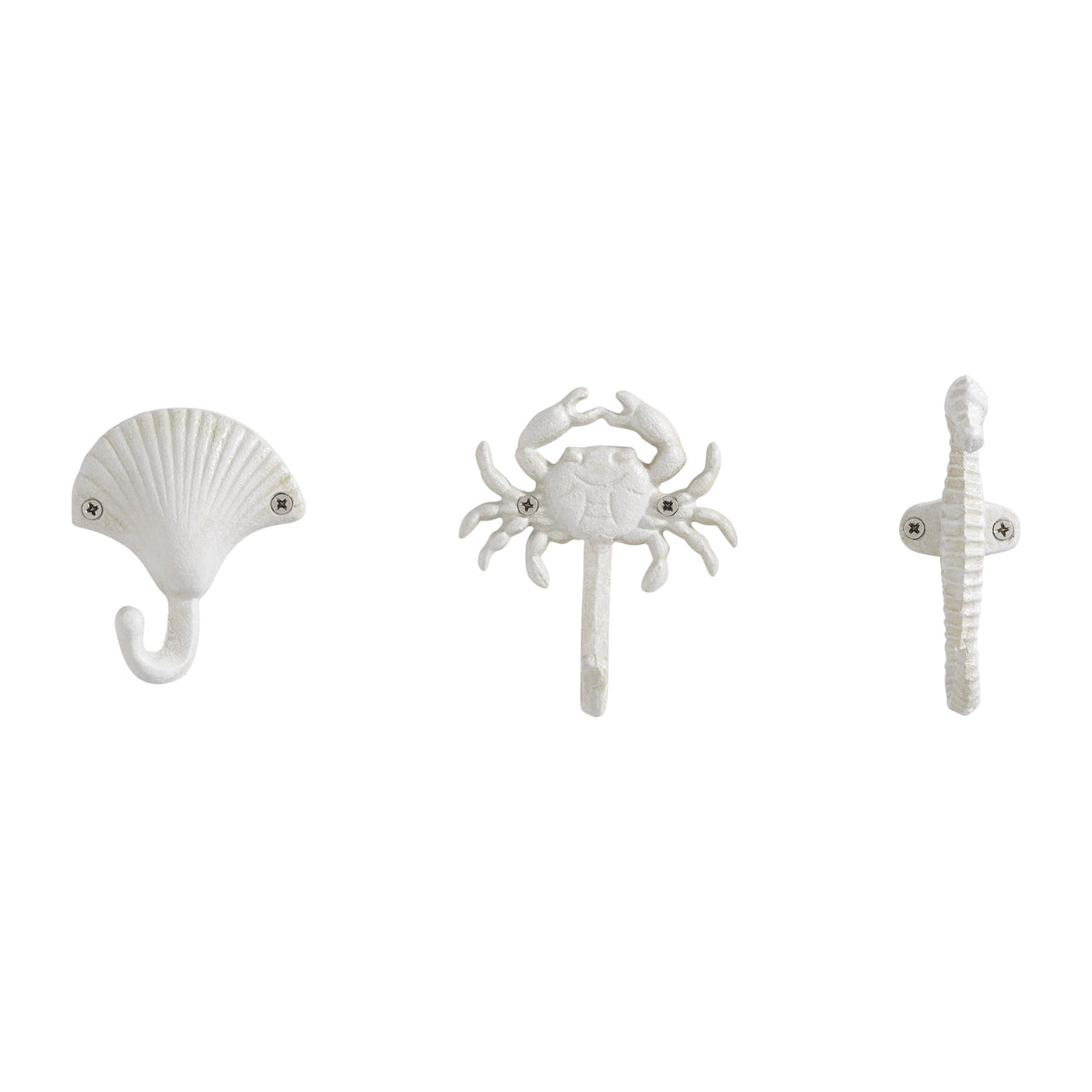 Avtoit | White Cast Iron Nautical Ocean Figure Sculpture Decorative Utility Wall Hook Set of 3 - Shell, Crab, Seahorse