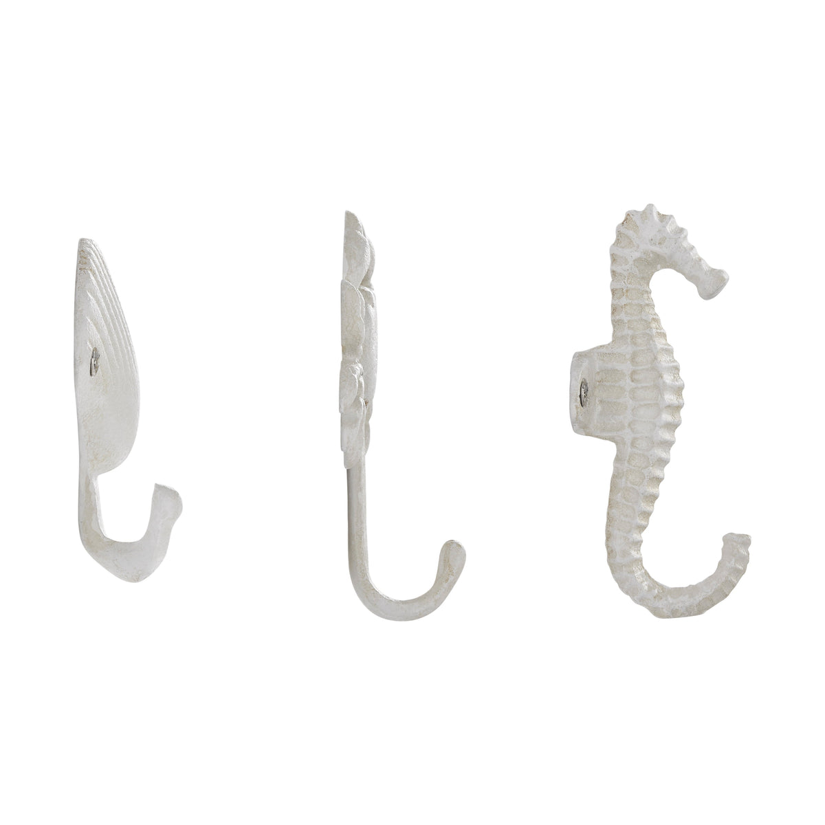 Avtoit | White Cast Iron Nautical Ocean Figure Sculpture Decorative Utility Wall Hook Set of 3 - Shell, Crab, Seahorse