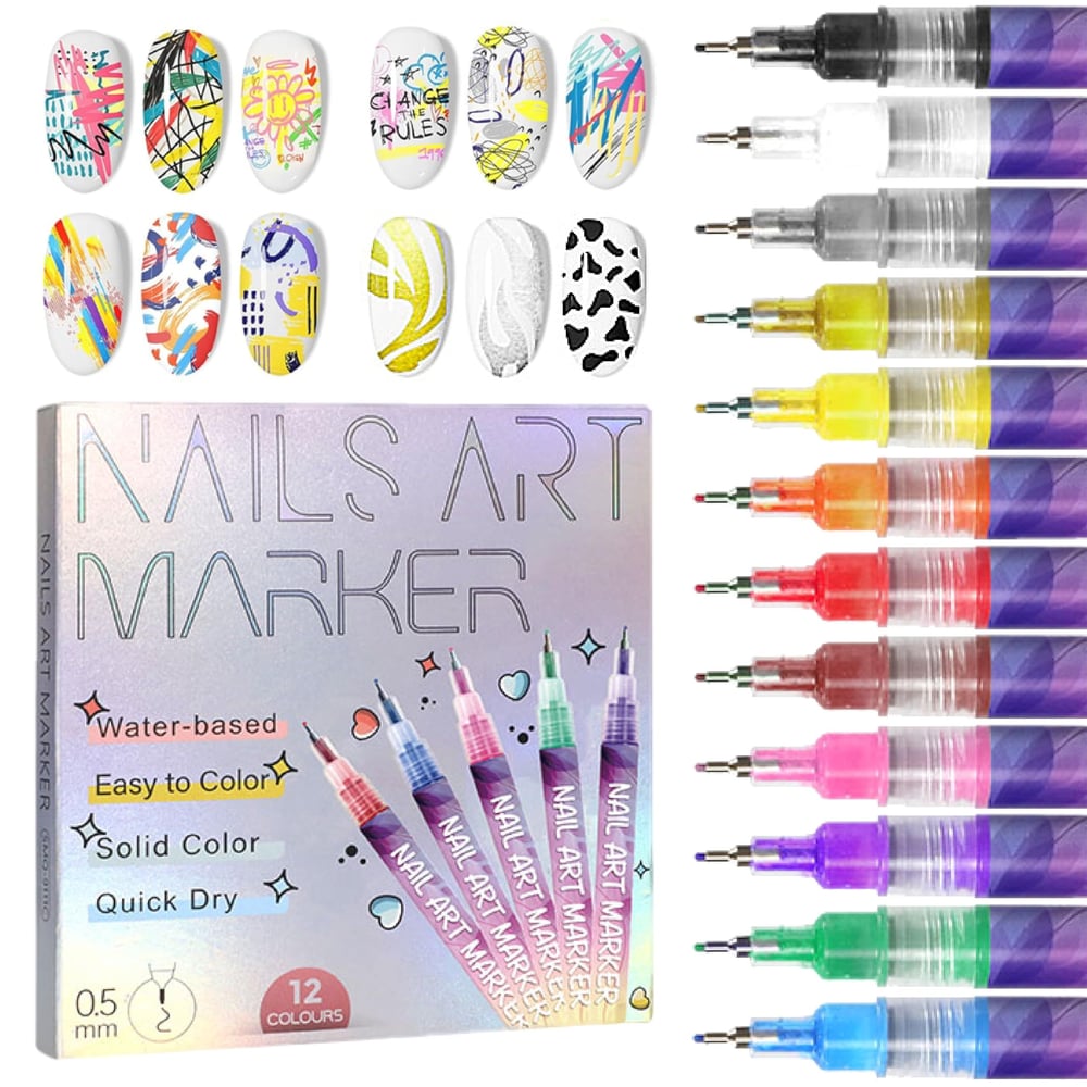 Avtoit | 12 Colors Nail Art Pens — Acrylic Nail Design Set with Fine Tip