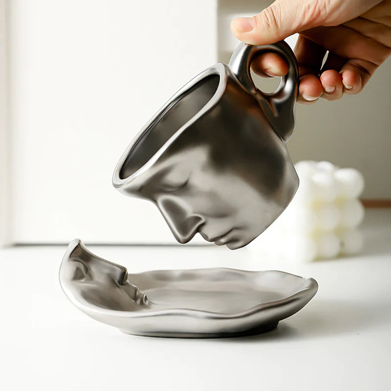Avtoit | Metal Touching Face Creative Ceramic Kiss Coffee Cup, Artistic Vibe Mug & Saucer Set
