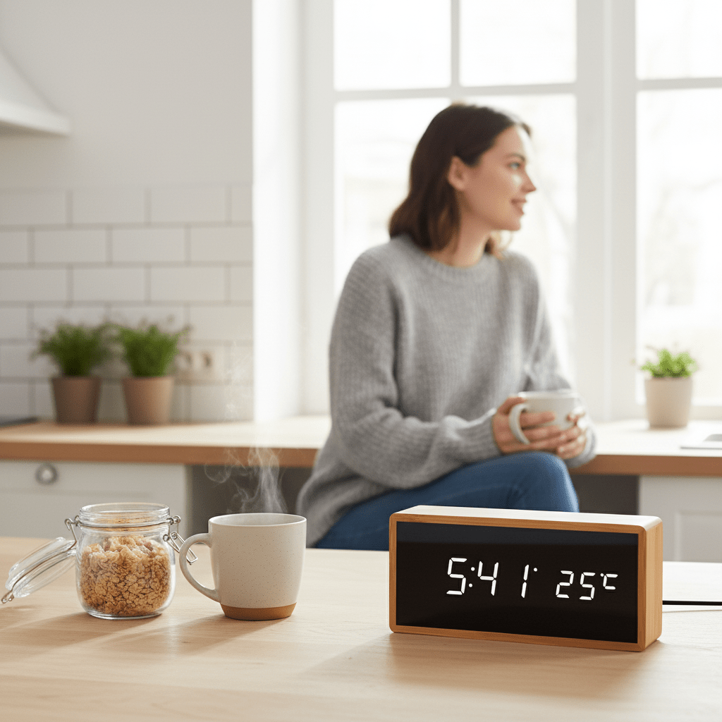 Avtoit | LED Bamboo Alarm Clock with Temperature Display & USB/Battery Operation