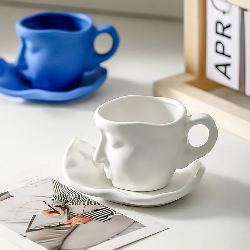 Avtoit | Metal Touching Face Creative Ceramic Kiss Coffee Cup, Artistic Vibe Mug & Saucer Set
