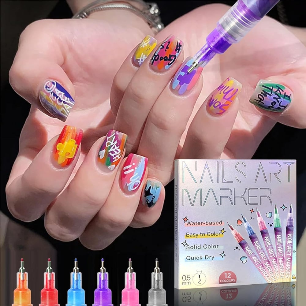 Avtoit | 12 Colors Nail Art Pens — Acrylic Nail Design Set with Fine Tip